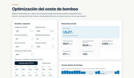 Vista de Optimización del coste de bombeo